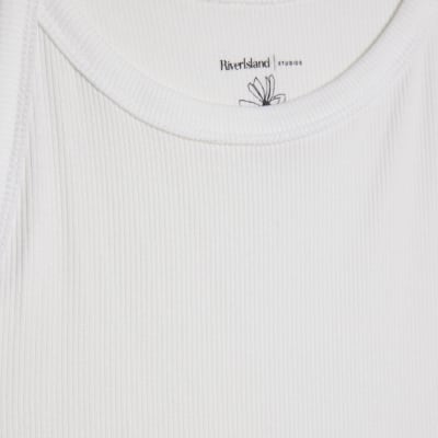 White Ribbed Racer Front Tank Top