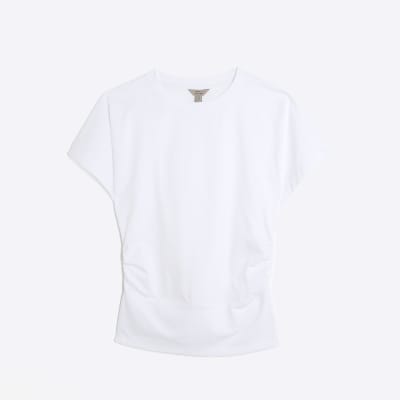 White Ruched Side Kimono Sleeve T-shirt
