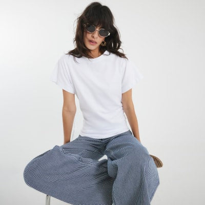 White Ruched Side Kimono Sleeve T-shirt