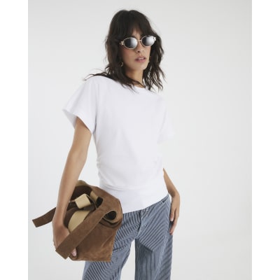 White Ruched Side Kimono Sleeve T-shirt