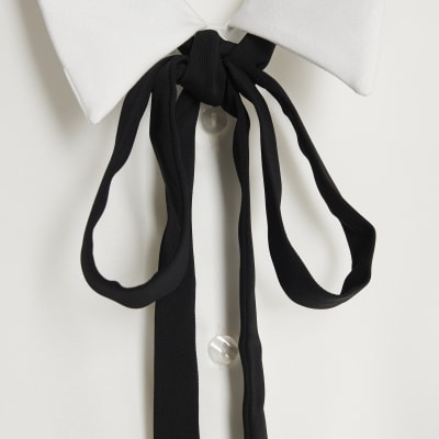 White Satin Tie Detail Long Sleeve Shirt