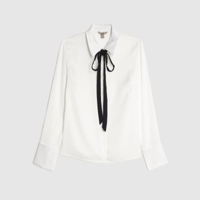 White Satin Tie Detail Long Sleeve Shirt
