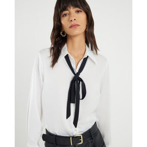 White Satin Tie Detail Long Sleeve Shirt