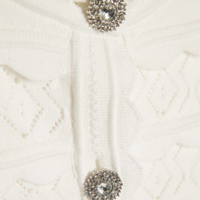 White Scallop Trim Diamante Button Cardigan