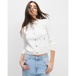 White Scallop Trim Diamante Button Cardigan