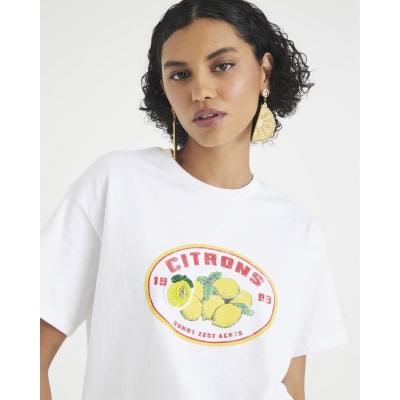 White Short Sleeve Beaded Lemon T-shirt