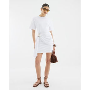 White Short Sleeve Belted Mini Dress