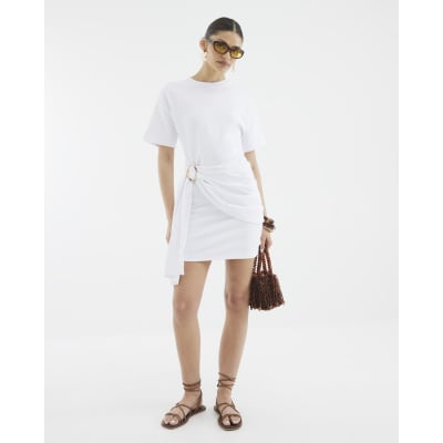 White Short Sleeve Belted Mini Dress
