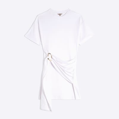White Short Sleeve Belted Mini Dress