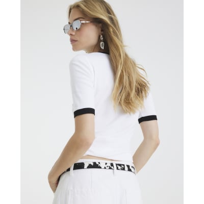 White Short Sleeve Contrast Trim Top