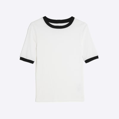 White Short Sleeve Contrast Trim Top