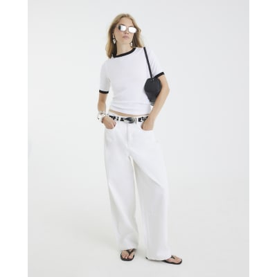 White Short Sleeve Contrast Trim Top