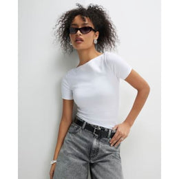 White Short Sleeve Cotton Boat Neck Top