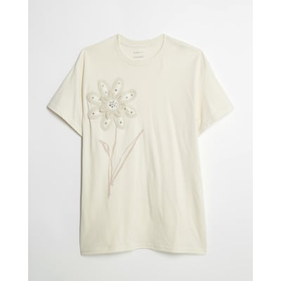 White Short Sleeve Crochet Flower T-shirt