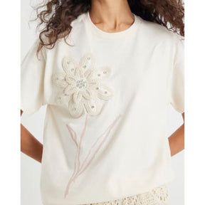 White Short Sleeve Crochet Flower T-shirt