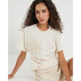 White Short Sleeve Crochet Flower T-shirt
