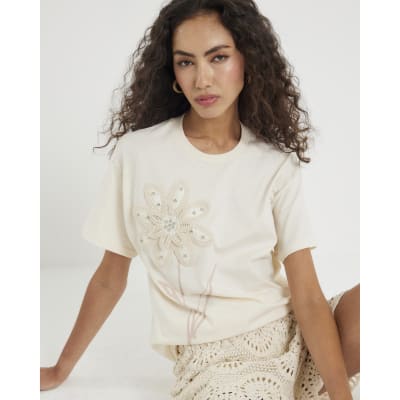 White Short Sleeve Crochet Flower T-shirt