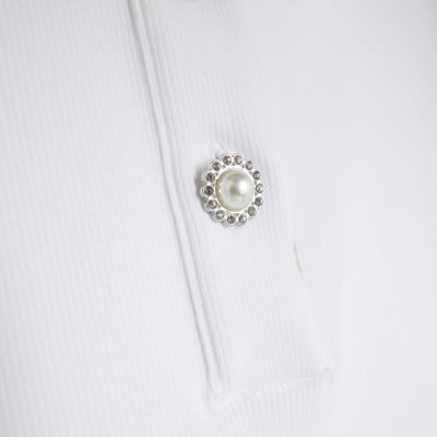 White Short Sleeve Diamante Button Polo Top
