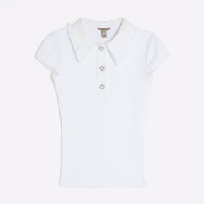 White Short Sleeve Diamante Button Polo Top