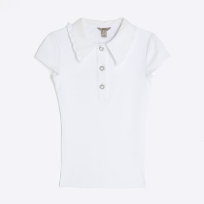 White Short Sleeve Diamante Button Polo Top
