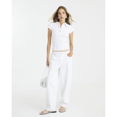 White Short Sleeve Diamante Button Polo Top