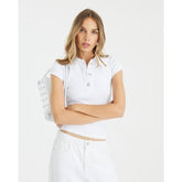 White Short Sleeve Diamante Button Polo Top