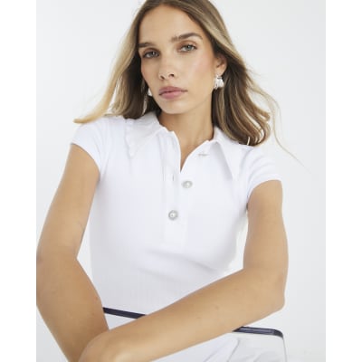 White Short Sleeve Diamante Button Polo Top