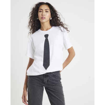 White Short Sleeve Diamante Tie T-shirt