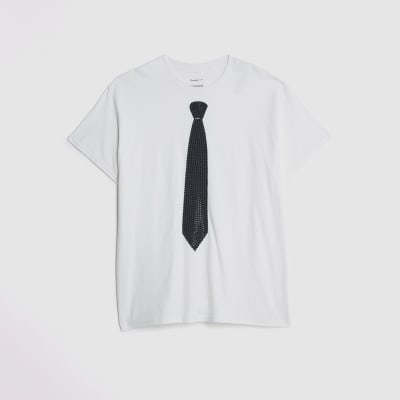 White Short Sleeve Diamante Tie T-shirt
