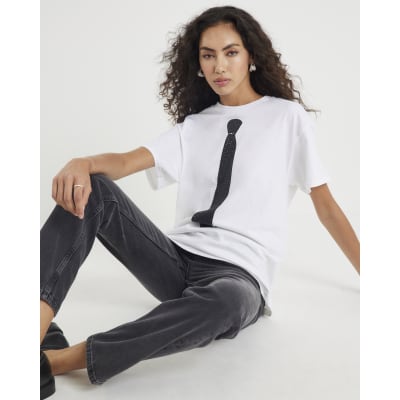 White Short Sleeve Diamante Tie T-shirt