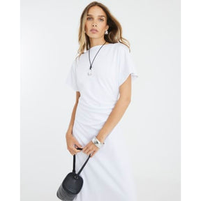 White Short Sleeve Drape Side Midi Dress