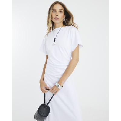 White Short Sleeve Drape Side Midi Dress