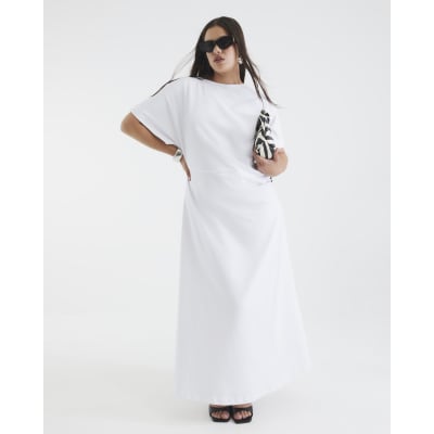 White Short Sleeve Drape Side Midi Dress