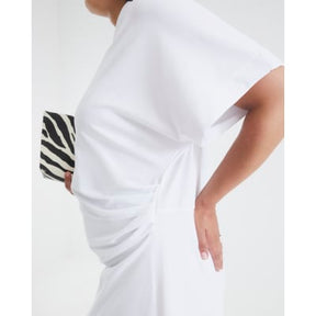 White Short Sleeve Drape Side Midi Dress