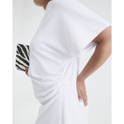 White Short Sleeve Drape Side Midi Dress