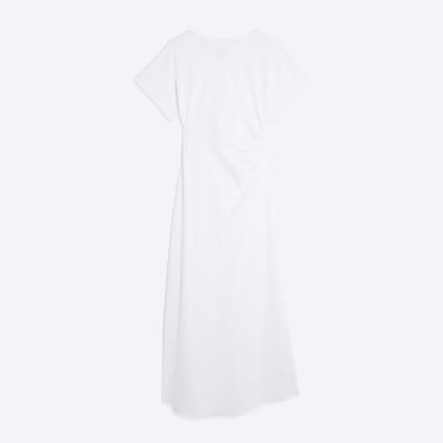 White Short Sleeve Drape Side Midi Dress