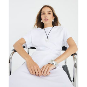 White Short Sleeve Drape Side Midi Dress