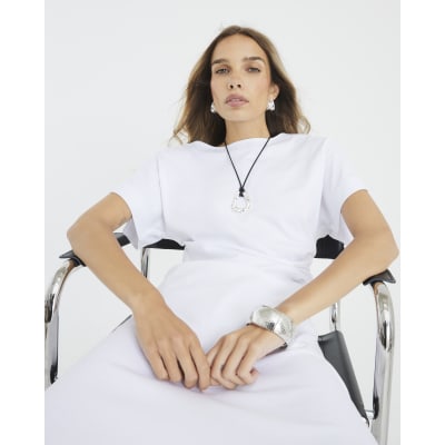 White Short Sleeve Drape Side Midi Dress