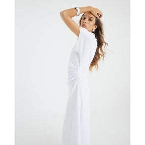 White Short Sleeve Drape Side Midi Dress