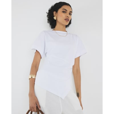 White Short Sleeve Drape Side T-shirt