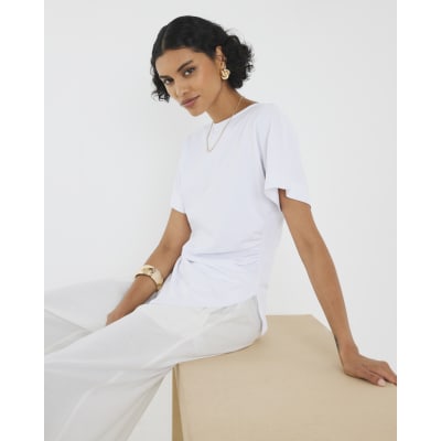 White Short Sleeve Drape Side T-shirt