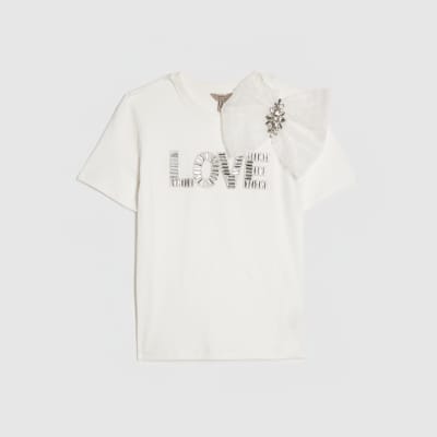 White Short Sleeve Embellished Love T-shirt