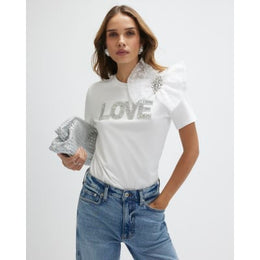 White Short Sleeve Embellished Love T-shirt