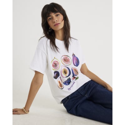 White Short Sleeve Fig Print T-shirt