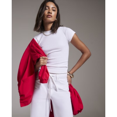White Short Sleeve Fitted Ribbed T-shirt