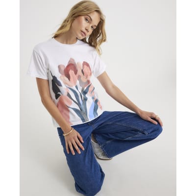 White Short Sleeve Flower T-shirt