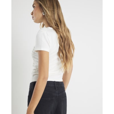 White Short Sleeve Gathered Drape Top