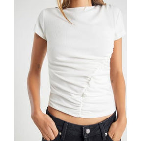 White Short Sleeve Gathered Drape Top