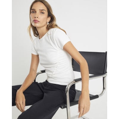 White Short Sleeve Gathered Drape Top