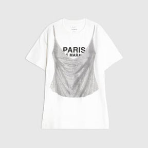 White Short Sleeve Glitter Cami Paris T-shirt